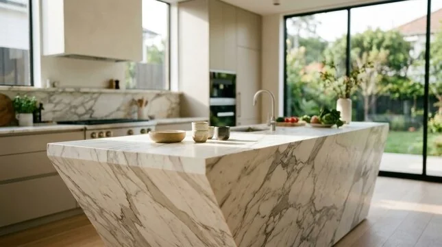 Sculptural Calacatta marble waterfall island in a sunlit kitchen