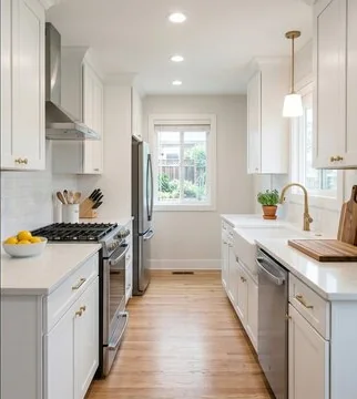 After: remodeled galley kitchen with white shaker cabinets, quartz counters, brass fixtures and oak floors