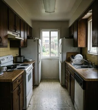 Before: dated galley kitchen with dark wood cabinets, white range and worn vinyl floor