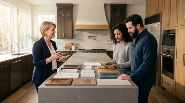 Kitchen designer reviewing cabinet door, stone and tile samples with a couple at their island