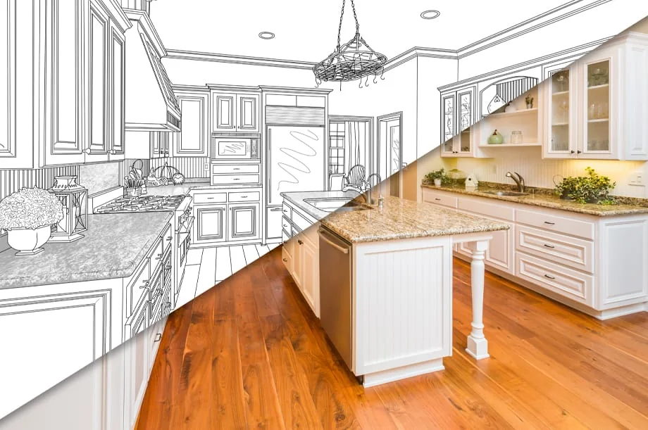Kitchen design drawing transitioning into the finished white kitchen with granite island — sketch to reality