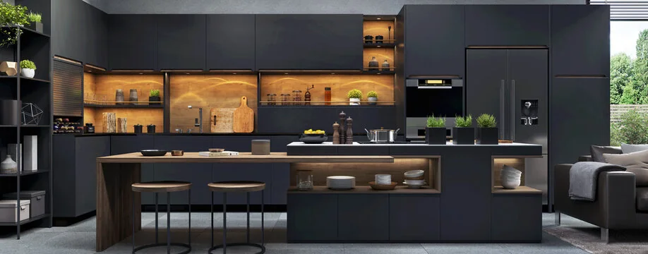 Panoramic luxury kitchen remodel with navy cabinetry, walnut accents, backlit shelving and integrated appliances