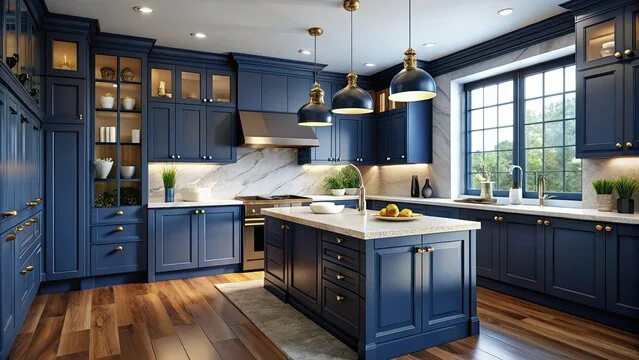 Navy blue cabinets with marble backsplash and brass pendant lights